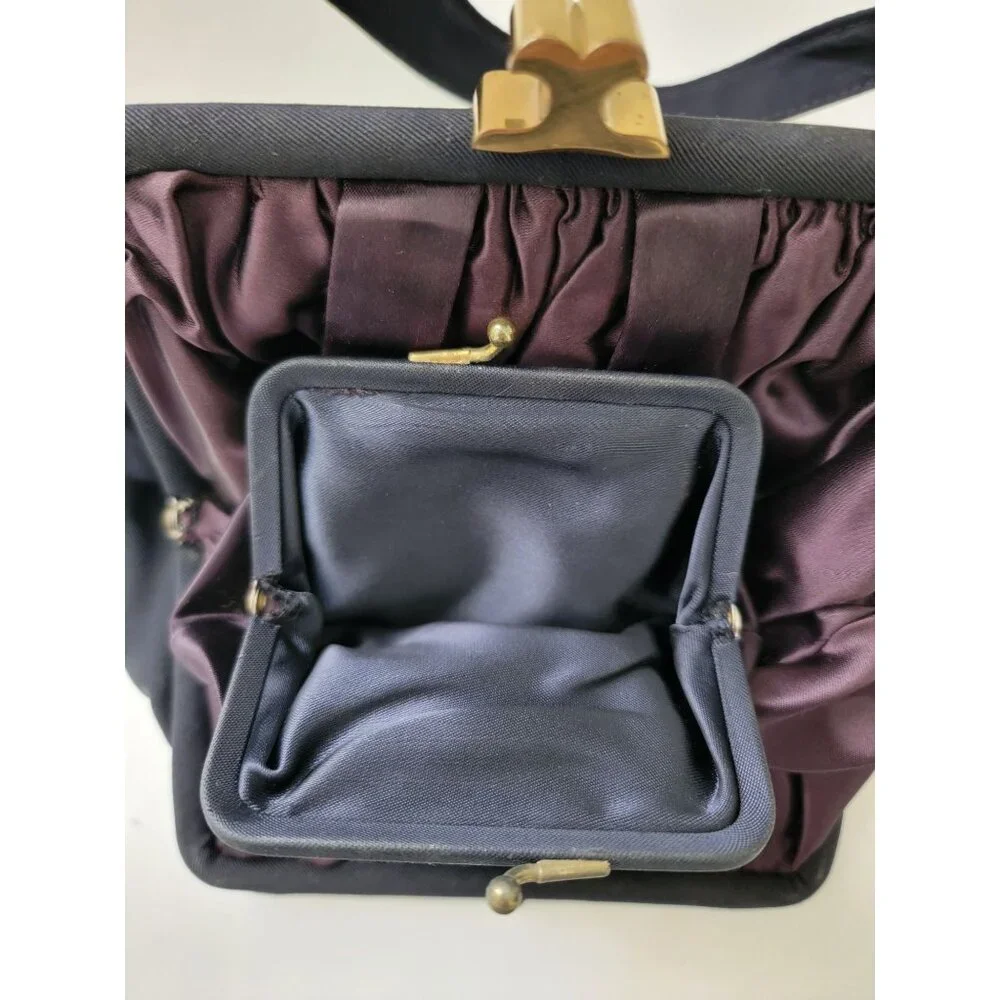 JR USA Vtg Navy Blue Evening Purse Handbag w/ Brass Clasp & Purple Satin Lining - Picture 7 of 9